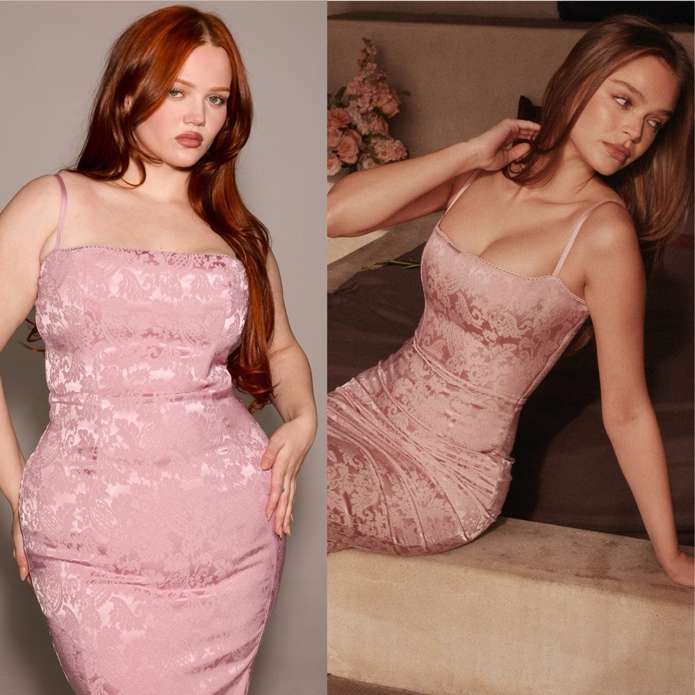 House of CB S D-DD plus cu Ophelle Pink Jacquard Lace Up Bodycon Midi Dress NWOT